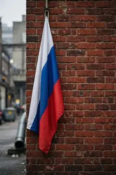 Российский флаг висит на кирпичной стене на улице