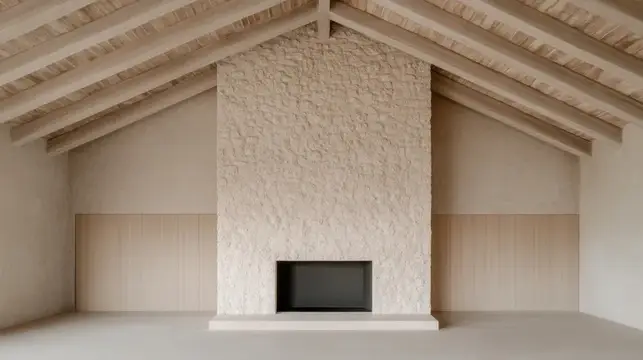 3D-рендер пустой комнаты с каменным камином и деревянными балками