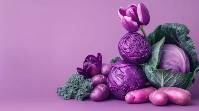Фиолетовые овощи и тюльпаны на сиреневом фоне