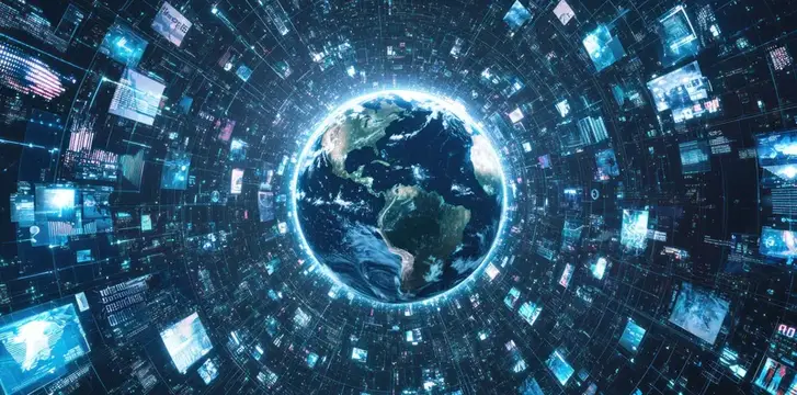 3D-рендер Земли в окружении цифровых экранов и данных