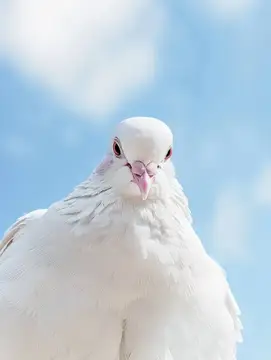Потрясающий белый голубь, смотрящий прямо на зрителя с нежным выражением, на фоне ярко-голубого неба с пушистыми облаками, олицетворяющий безмятежность и надежду