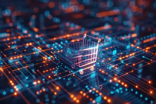 3D-рендер светящейся тележки на фоне цифровой сети