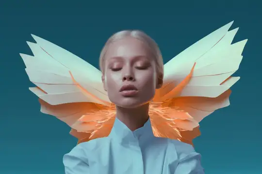 3D-рендер бледной девушки с бумажными крыльями на синем фоне