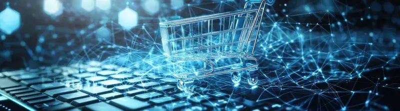 3D-рендер цифровой корзины покупок над клавиатурой в синих тонах