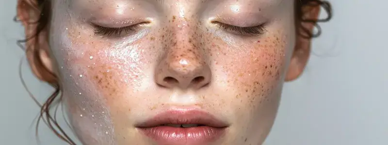 Крупный план лица девушки с веснушками и блестками на коже