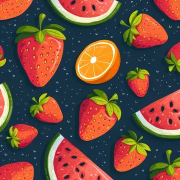 Красочный фруктовый узор с арбузом, апельсином и клубникой на темно-синем фоне для летнего дизайна и декора