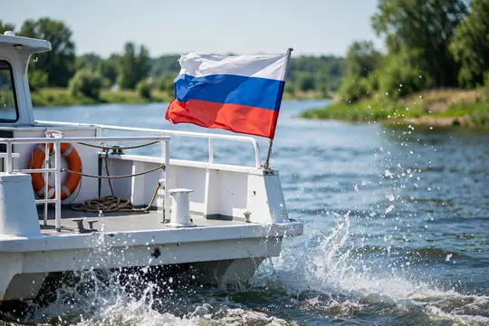 Белый катер с флагом России плывёт по реке, поднимая брызги