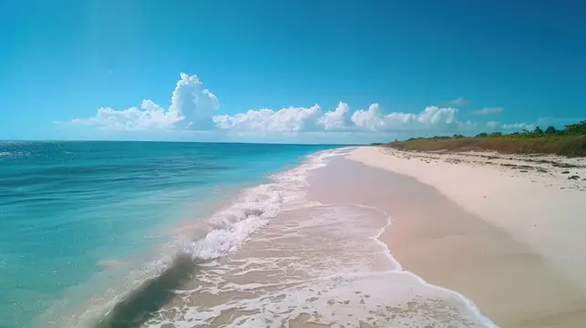Пустынный песчаный пляж с бирюзовой водой и белыми облаками