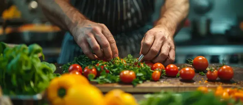 Повар нарезает свежую зелень и помидоры на кухне