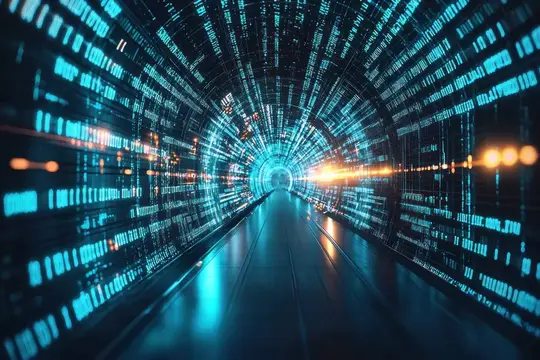 3D-рендер футуристического туннеля с потоками цифровых данных