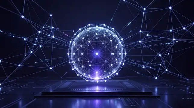 3D-рендер светящейся сферы с сетью связей на тёмном фоне