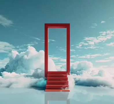 3D-рендер красной двери с лестницей среди облаков