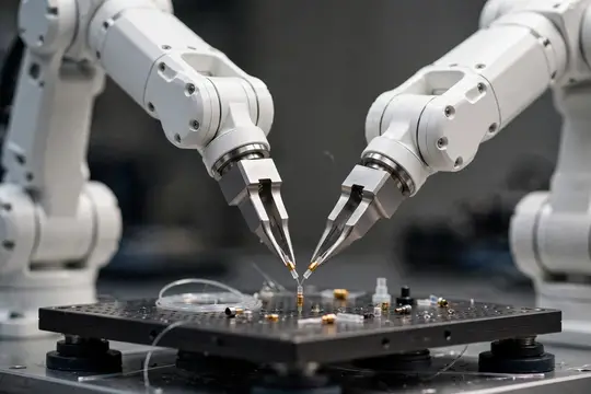 Два белых робота-манипулятора собирают электронную плату