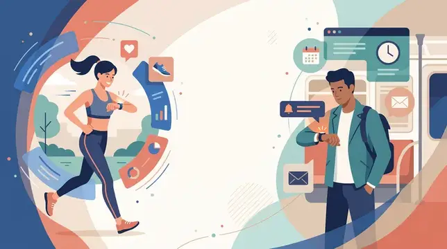 Иллюстрация о здоровом образе жизни с бегущей девушкой и мужчиной с часами