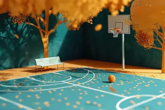 3D-рендер осенней баскетбольной площадки с мячом и скамейкой