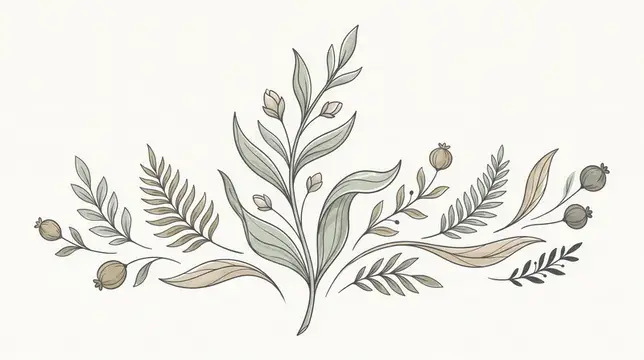 Иллюстрация с нежными серо-зелёными веточками и бутонами на белом фоне