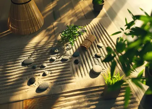 3D-рендер миниатюрного японского сада камней с бамбуковой оградой