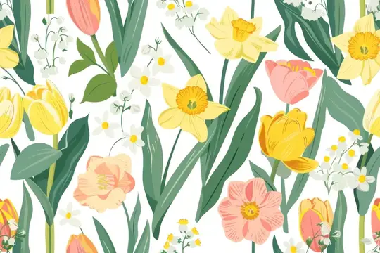 Иллюстрация с весенними тюльпанами, нарциссами и ландышами на белом фоне