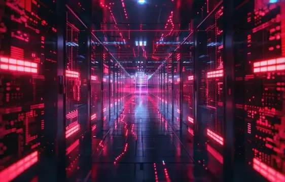 Футуристический коридор дата-центра с красной подсветкой серверов