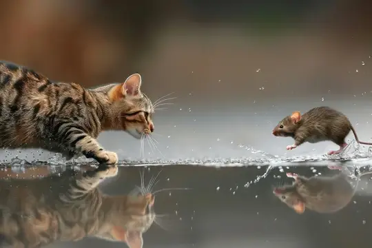 Полосатая кошка охотится на убегающую мышь у воды
