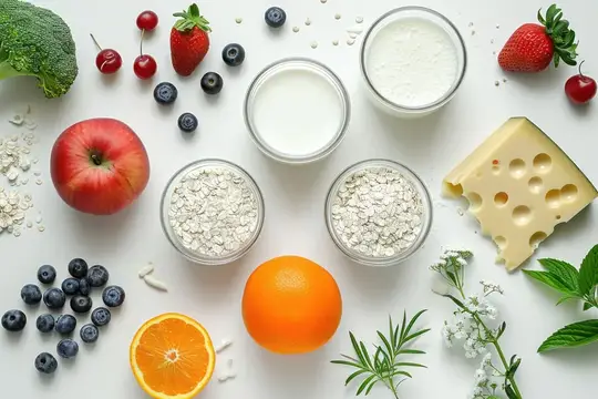 Фрукты, ягоды, овсяные хлопья и молочные продукты на белом фоне