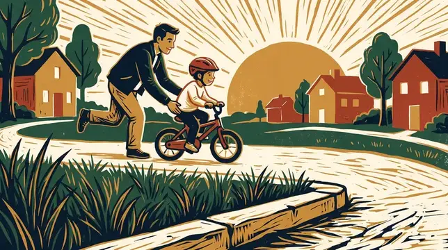 Сцена в стиле ручной резьбы (линогравюра) ко Дню отца: папа поддерживает ребёнка, который учится кататься на велосипеде, на тёплой соседской дорожке