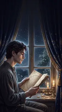 Молодой человек читает старинную книгу при свечах у окна ночью