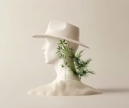 3D-рендер белой скульптуры в шляпе с веточками зелени