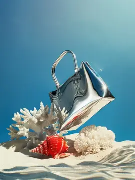 3D-рендер серебристой сумки на песке с кораллами и ракушкой
