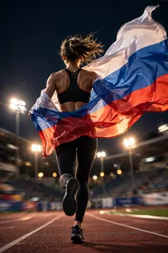 Спортсменка с российским флагом бежит по стадиону ночью
