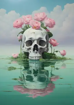 Череп с розовыми розами в воде на фоне неба