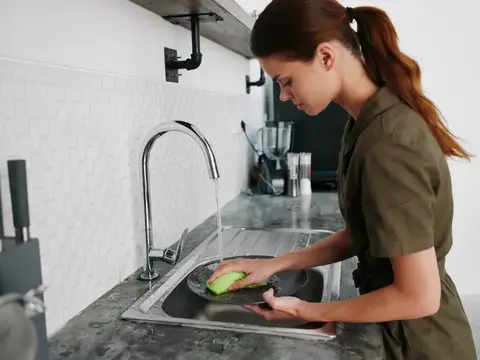 Молодая женщина моет сковороду под краном на кухне