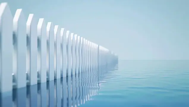 3D-рендер белого забора, уходящего в воду в голубой дымке