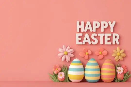 3D-открытка с пасхальными яйцами, цветами и надписью Happy Easter