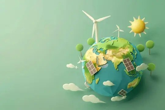 3D-рендер планеты Земля с ветряками и солнечными панелями