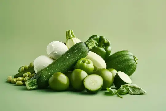Свежие зелёные овощи и кабачки на зелёном фоне