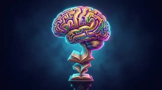 3D-рендер разноцветного мозга, растущего из раскрытой книги