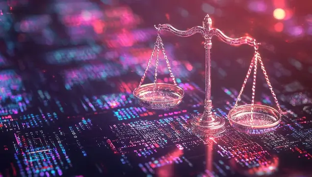 Это поразительное изображение демонстрирует весы правосудия на фоне яркого цифрового задника с красочными узорами данных, символизируя пересечение права и технологий