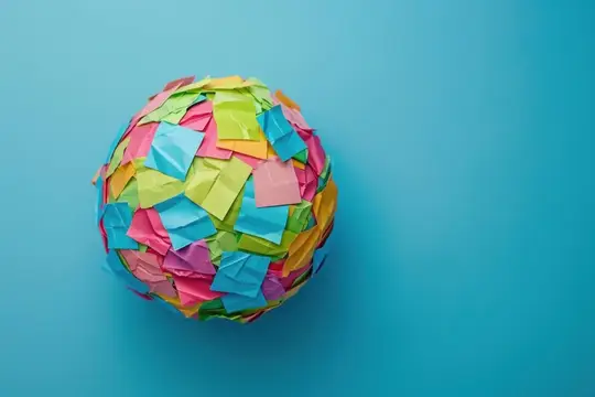 Разноцветные стикеры, собранные в шар на синем фоне