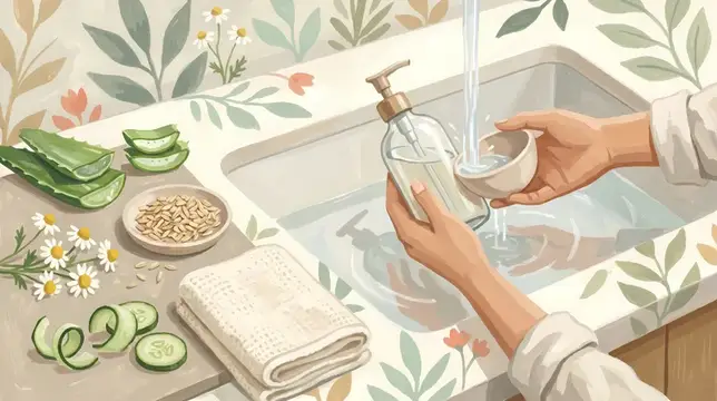 Современная сцена в технике гуаши: руки, стеклянный флакон с помпой, алоэ, овес, ромашка и натуральные ингредиенты для ухода за кожей