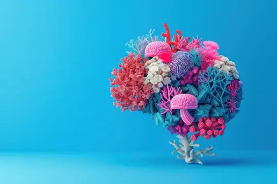 3D-рендер мозга из ярких кораллов на синем фоне