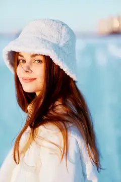 Красивая женщина улыбается, прогуливаясь в белом пальто на природе, передавая зимнее настроение