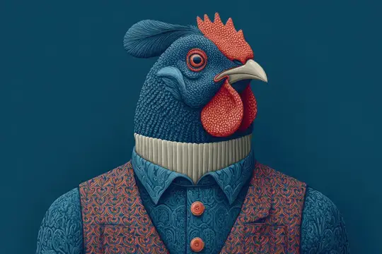 3D-рендер петуха в синем жилете с узором на тёмно-синем фоне