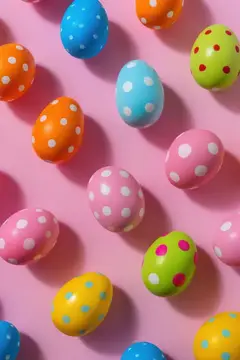 Яркие пасхальные яйца в горошек на розовом фоне