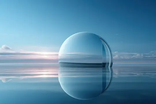 3D-рендер прозрачной сферы над гладкой водой на рассвете