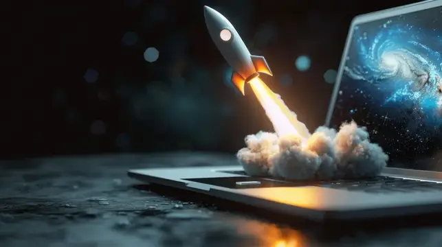 3D-рендер запуска ракеты с ноутбука на тёмном фоне