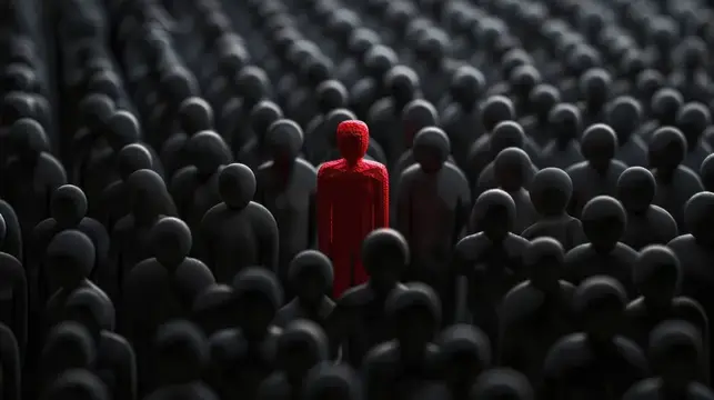3D-рендер с красной фигурой в центре серой толпы