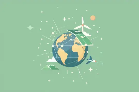 Иллюстрация планеты Земля с ветряком и самолётом на зелёном фоне