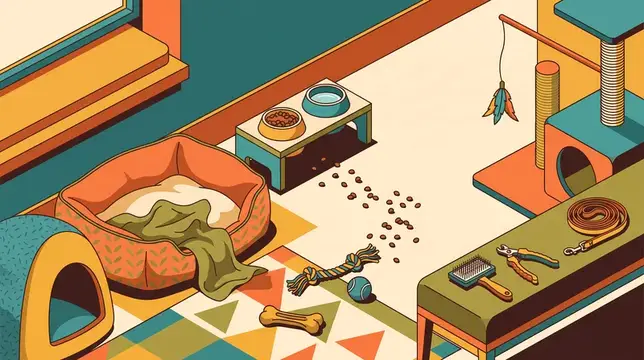 Иллюстрация уютного уголка для питомца с лежанкой и игрушками