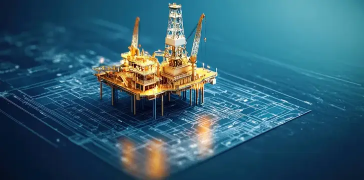 На этой иллюстрации изображена сложная нефтяная вышка на фоне чертежа, что подчеркивает передовые технологии и значимость нефтяной промышленности, излучая инновации и энергию